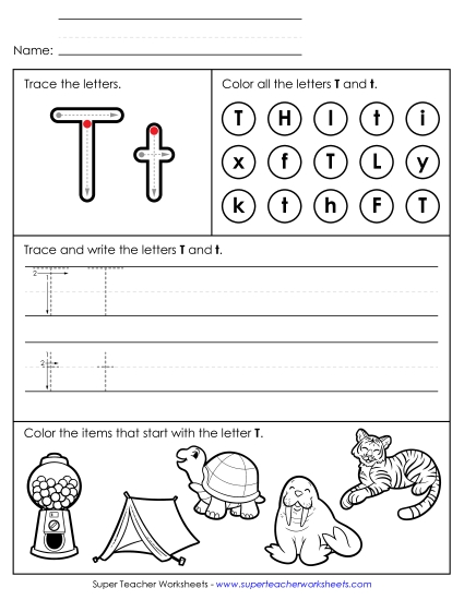 Letter T: Mixed Skills - Tracing, Writing, and Recognizing Letter T
