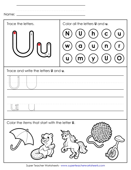 Letter U: Mixed Skills - Tracing, Writing, and Recognizing Letter U