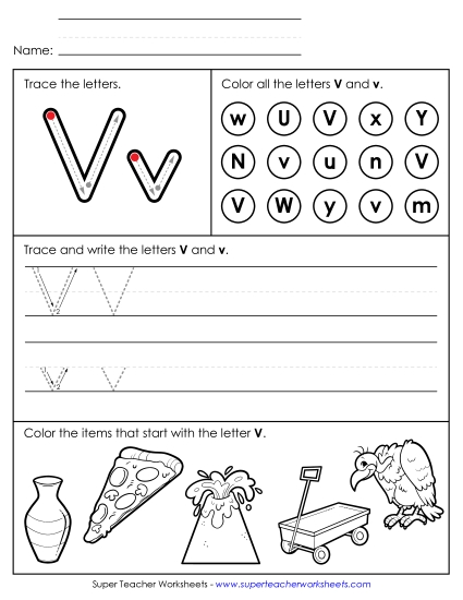 Letter V: Mixed Skills - Tracing, Writing, and Recognizing Letter V