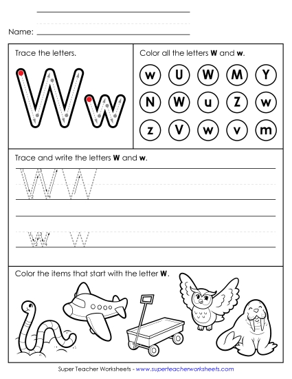Letter W: Mixed Skills - Tracing, Writing, and Recognizing Letter W