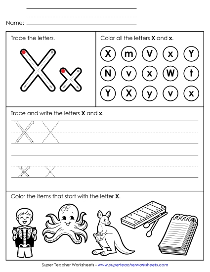 Letter X: Mixed Skills - Tracing, Writing, and Recognizing Letter X