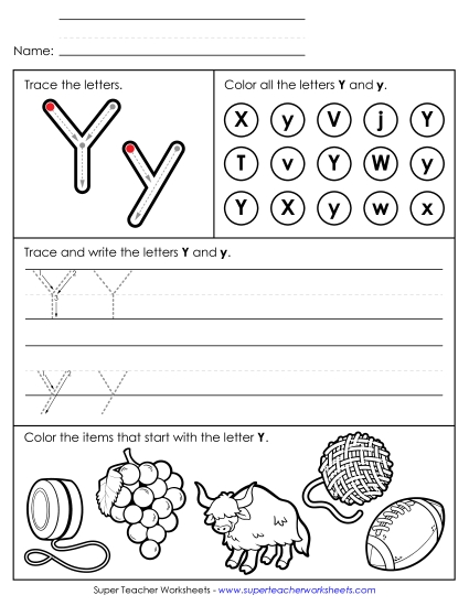 Letter Y: Mixed Skills - Tracing, Writing, and Recognizing Letter Y