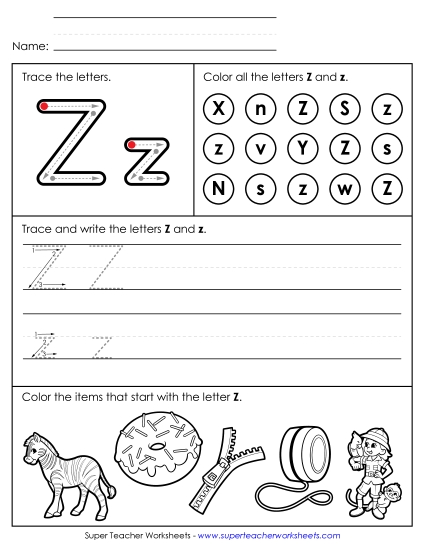 Letter Z: Mixed Skills - Tracing, Writing, and Recognizing Letter Z
