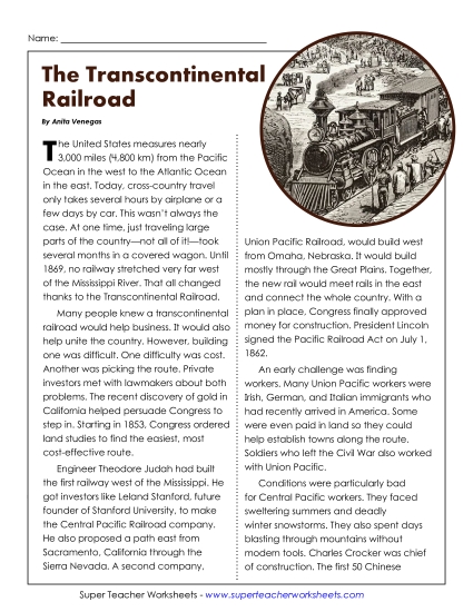 Reading Comprehension - Transcontinental Railroad (Article)
