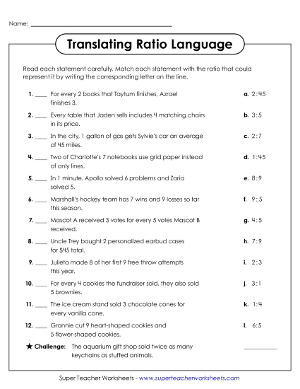 Intermediate Ratio Worksheets - Translating Ratio Language (Matching) Intermediate Ratio Worksheets - Translating Ratio Language (Matching)