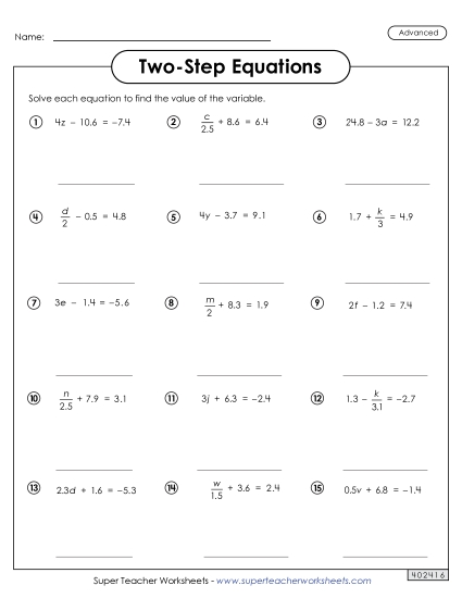 Advanced Level: Decimals, Exponents, & Parenthesis - Two-Step Equations Worksheet 2 (Advanced)