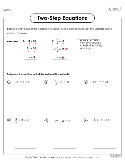 Level: Basic Positive Whole Numbers - Two-Step Equations Worksheet 2 (Basic) Level: Basic Positive Whole Numbers - Two-Step Equations Worksheet 2 (Basic)