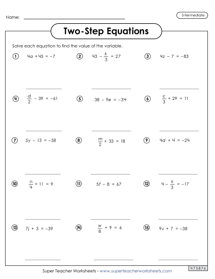 Intermediate Level: Positive & Negative Integers - Two-Step Equations Worksheet 2 (Intermediate) Intermediate Level: Positive & Negative Integers - Two-Step Equations Worksheet 2 (Intermediate)