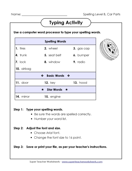 Worksheets and Activities - Typing Activity (B-Car Parts) Worksheets and Activities - Typing Activity (B-Car Parts)