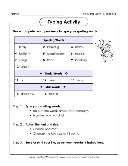Worksheets and Activities - Typing Activity (B-Insect Words)