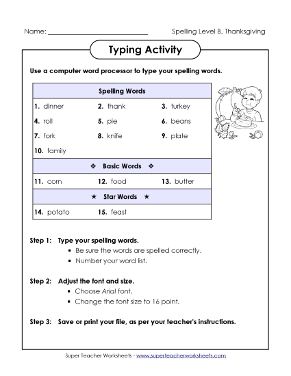 Printable Workheets - Typing Activity (B-Thanksgiving) Printable Workheets - Typing Activity (B-Thanksgiving)