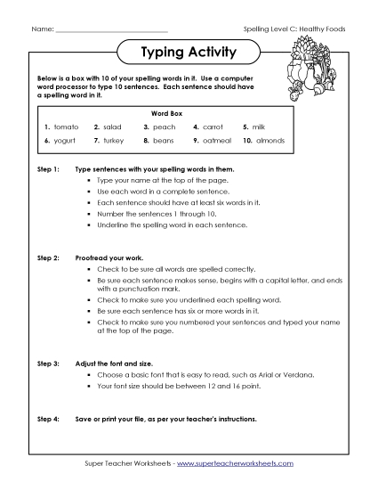 Worksheets and Activities - Typing Sentences (C-Healthy Foods) 