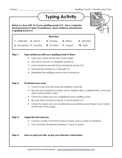 Worksheets and Activities - Typing Sentences (C-Months and Days) 
