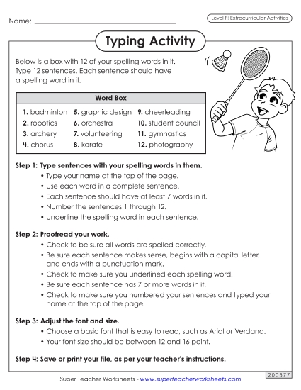 Worksheets and Puzzles - Typing Sentences (Extracurriculars)