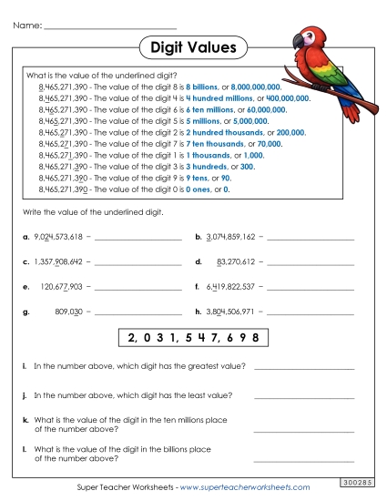 Place Value - Underlined Digit (10 Digits) Place Value - Underlined Digit (10 Digits)