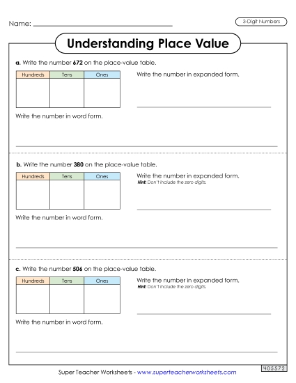 Place Value - Understanding Place Value (3 Digits)