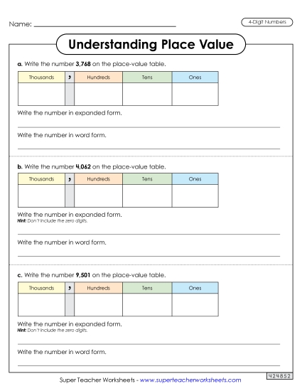 Place Value - Understanding Place Value (4 Digits) Worksheet 1