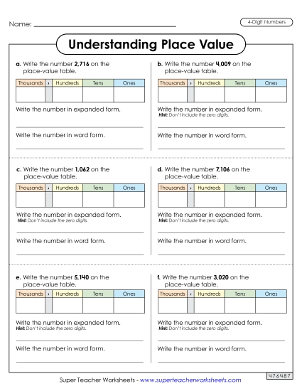 Place Value - Understanding Place Value (4 Digits) Worksheet 2