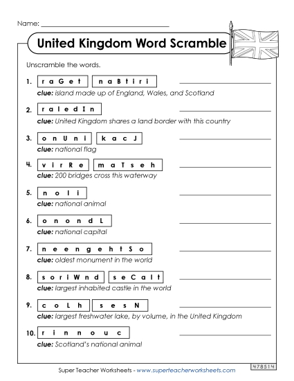 Puzzles - United Kingdom Word Scramble