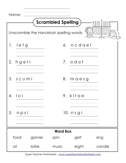Worksheets and Activities - Unscramble (A-Hanukkah) Worksheets and Activities - Unscramble (A-Hanukkah)