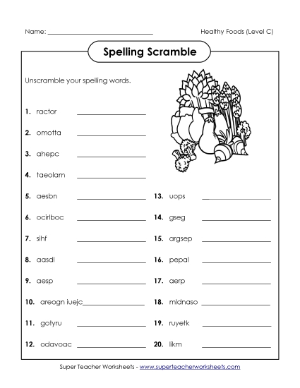 Worksheets and Activities - Unscramble (C-Healthy Foods) 