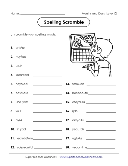 Worksheets and Activities - Unscramble (C-Months and Days) Worksheets and Activities - Unscramble (C-Months and Days)