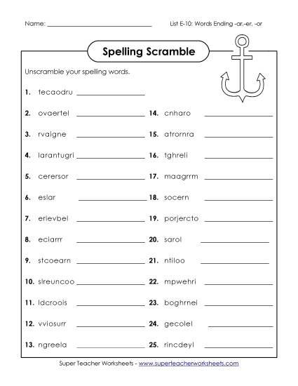 Printable Worksheets - Unscramble (E-10)