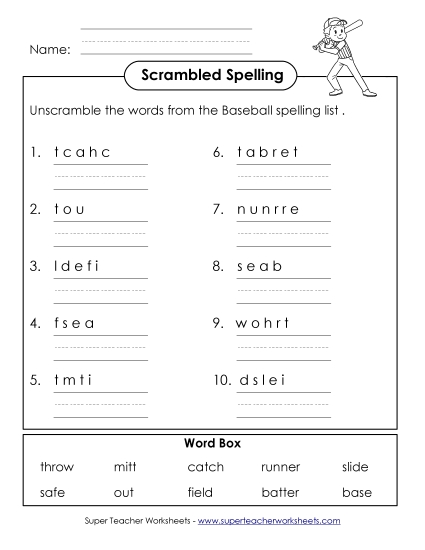Worksheets and Activities - Unscramble the Spelling Words (B-Baseball) 