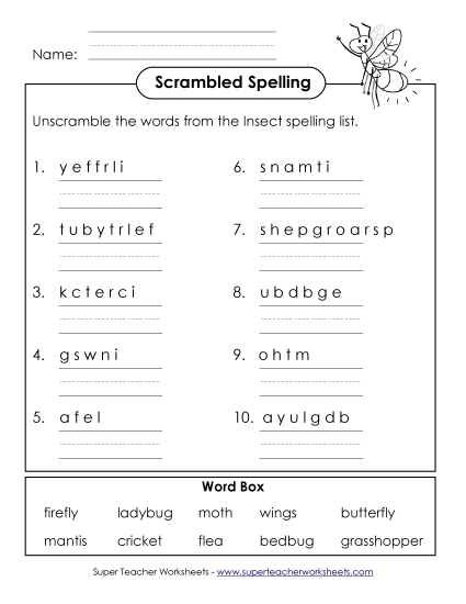 Worksheets and Activities - Unscramble the Spelling Words (B-Insect Words) 