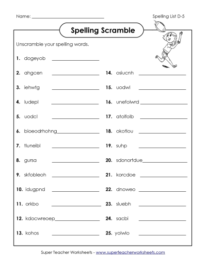 Worksheets - Unscramble the Spelling Words (D-5) 