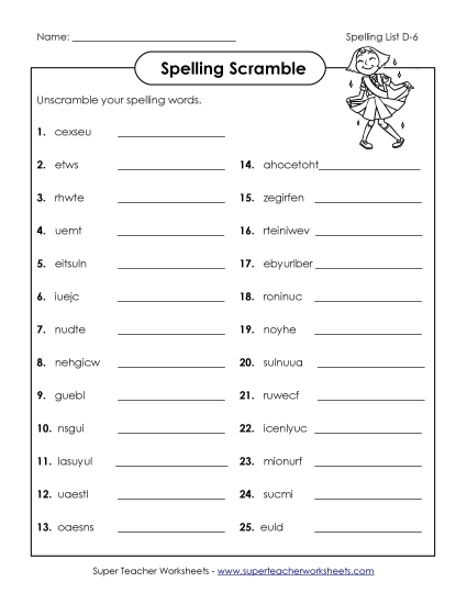 Worksheets - Unscramble the Spelling Words (D-6) 