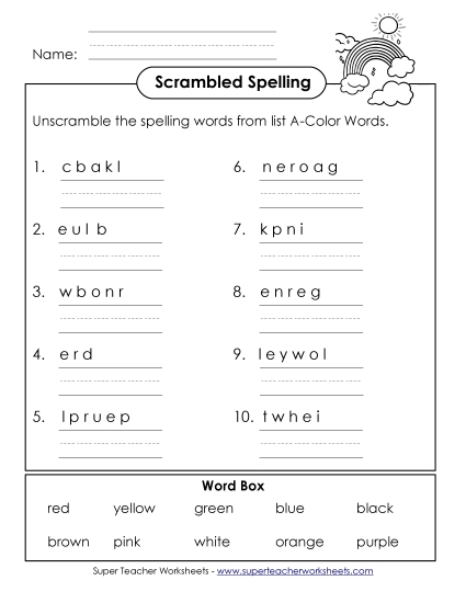 Worksheets and Activities  - Unscramble the Words (A-Color Words) 