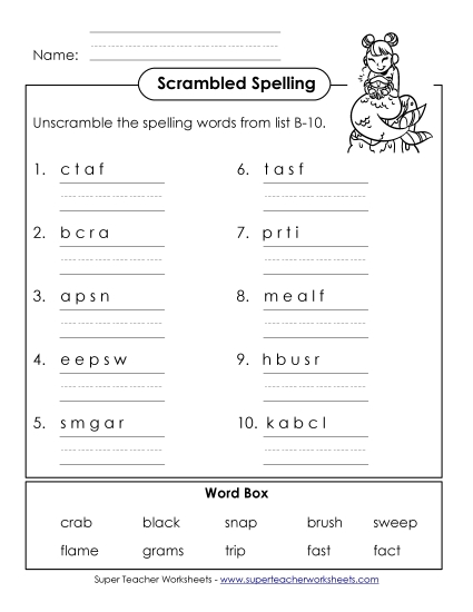 Worksheets - Unscramble the Words (B-10) Worksheets - Unscramble the Words (B-10)
