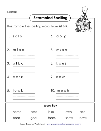 Worksheets - Unscramble the Words (B-9) Worksheets - Unscramble the Words (B-9)
