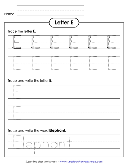 Letter E - Uppercase E (Tracing Dotted Line)