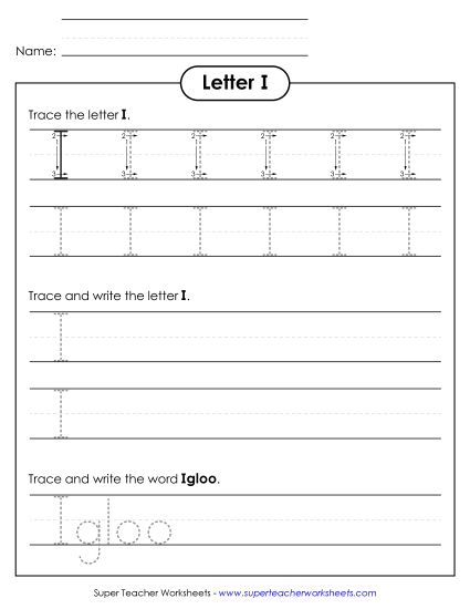 Letter I - Uppercase I (Tracing Dotted Line)