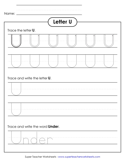 Letter U - Uppercase U (Tracing Dotted Line)