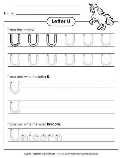 Trace and Print - Uppercase U Writing Practice (Outlined Letters)