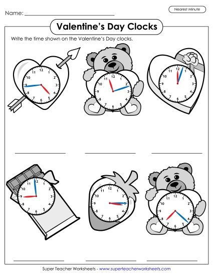Other Math Worksheets - Valentine's Day Clocks - Nearest Minute