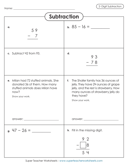 2-Digit Subtraction Worksheets - Variety Worksheet: 2-Digit Subtraction 2-Digit Subtraction Worksheets - Variety Worksheet: 2-Digit Subtraction