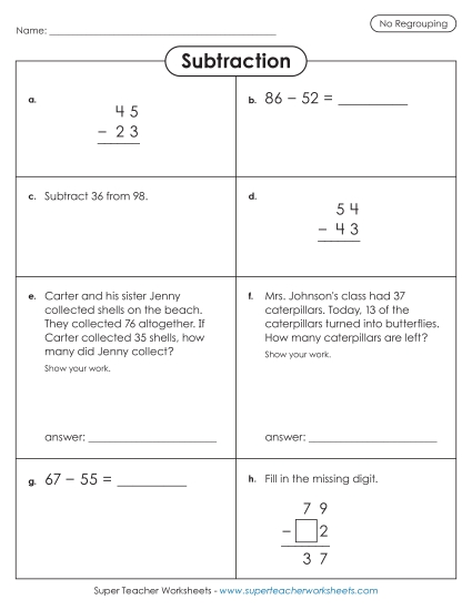 Subtraction Worksheets (No Borrowing) - Variety Worksheet: 2-Digit Subtraction w/ No Regrouping Subtraction Worksheets (No Borrowing) - Variety Worksheet: 2-Digit Subtraction w/ No Regrouping