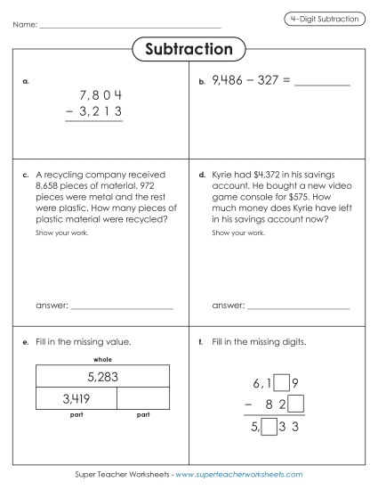 4-Digit Subtraction Worksheets - Variety Worksheet: 4-Digit Subtraction