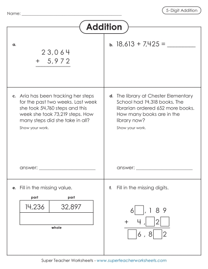 5-Digit Addition - Variety Worksheet: 5-Digit Addition