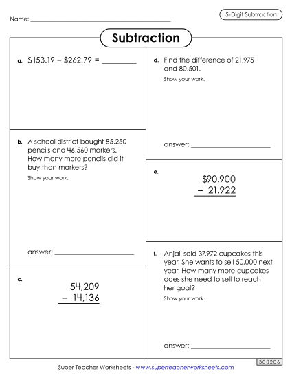 Worksheets - Variety Worksheet (5-Digit Subtraction)