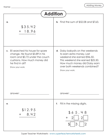 Adding Money - Variety Worksheet: Adding Money Adding Money - Variety Worksheet: Adding Money