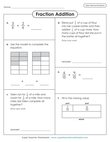 Adding Fractions: Same Denominator - Variety Worksheet: Fraction Addition (Like Denominators) Adding Fractions: Same Denominator - Variety Worksheet: Fraction Addition (Like Denominators)