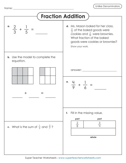 Adding Fractions: Different Denominators - Variety Worksheet: Fraction Addition (Unlike Denominators) Adding Fractions: Different Denominators - Variety Worksheet: Fraction Addition (Unlike Denominators)