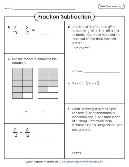 Subtracting Fractions: Same Denominator - Variety Worksheet: Fraction Subtraction (Like Denominators) Subtracting Fractions: Same Denominator - Variety Worksheet: Fraction Subtraction (Like Denominators)