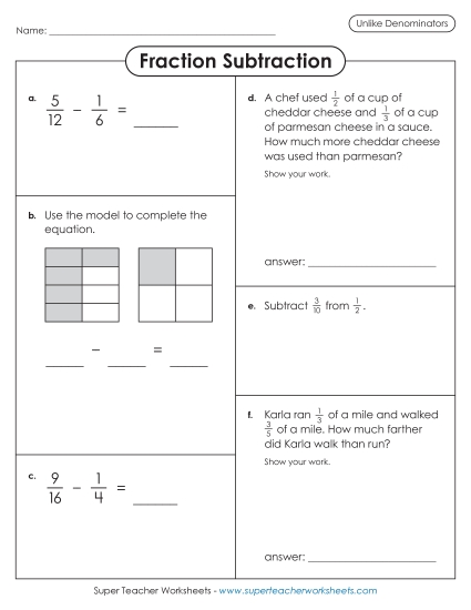 Subtracting Fractions: Different Denominators - Variety Worksheet: Fraction Subtraction (Unlike Denominators) Subtracting Fractions: Different Denominators - Variety Worksheet: Fraction Subtraction (Unlike Denominators)
