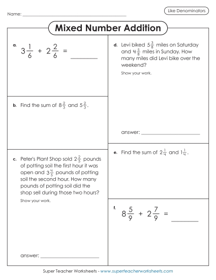 Adding Mixed Numbers: Same Denominators - Variety Worksheet: Mixed Number Addition (Like Denominators)